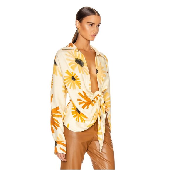 JACQUEMUS La Chemise Bahia / Size 34 / US 2 / Print Flowers Knotted Draped Shirt - Picture 2 of 8